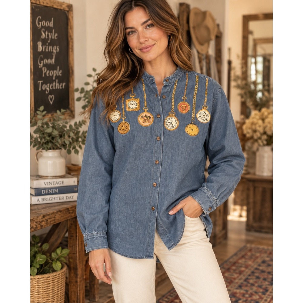 Cambridge Dry Goods Denim Shirt Blue Embroidered Pocket Watch Band Collar Large